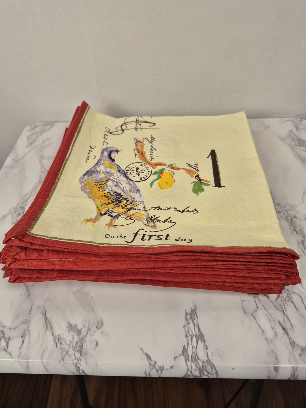 Williams Sonoma 12 Days Of  Christmas Napkins with Red Border